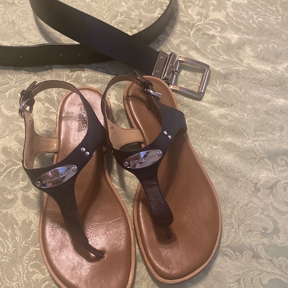 Michael Kors Set - Sandals & Belt - Black & Silver. 7.5 Sandal, Large Belt